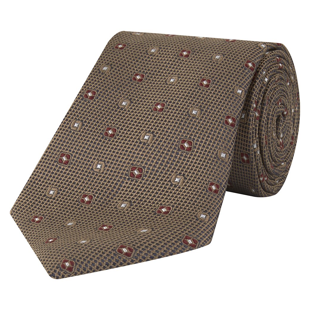 Bronze and Red Diamond Jacquard Woven Silk Tie