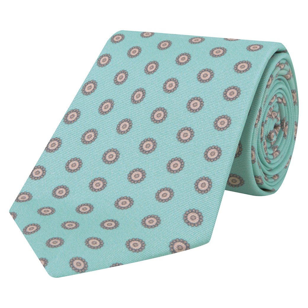 Mint and Pink Flower Printed Silk Tie