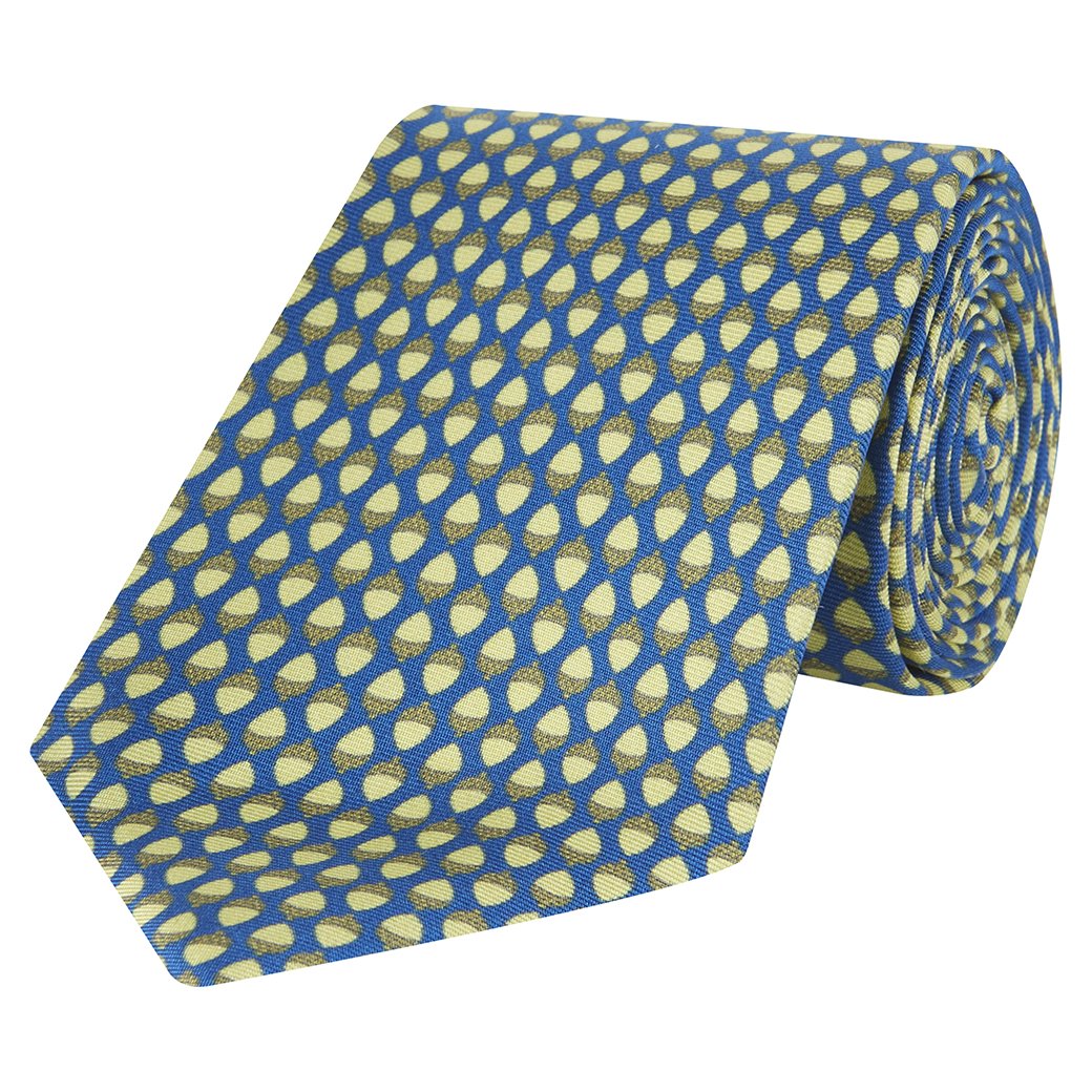 Yellow and Blue Acorn Printed Silk Tie