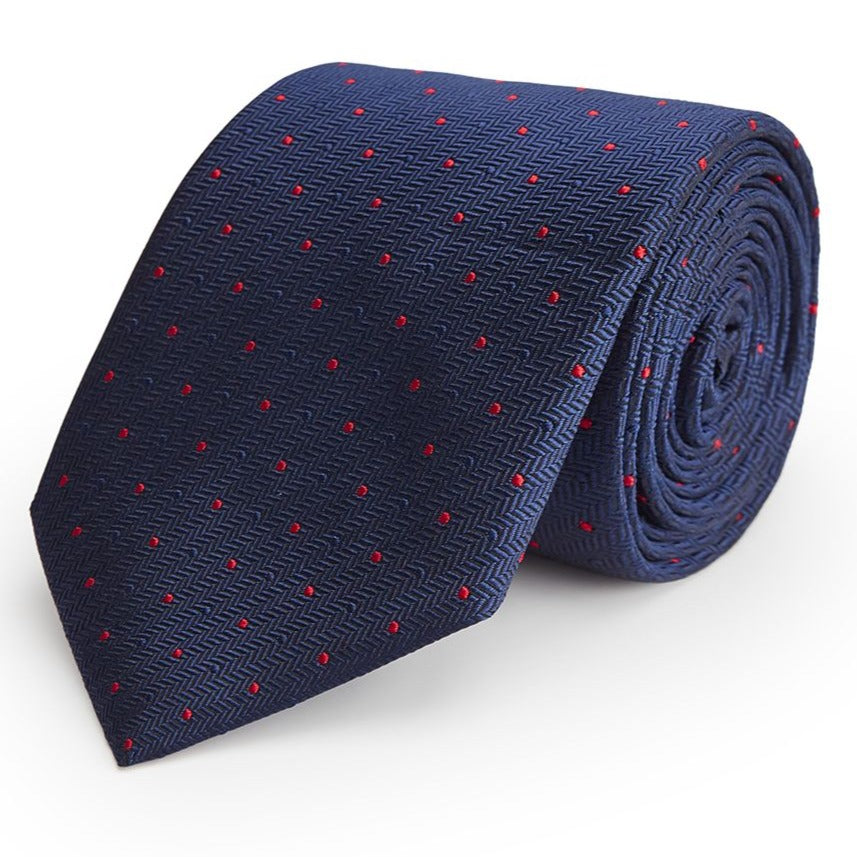 Navy and Red Herringbone Spot Woven Silk Tie