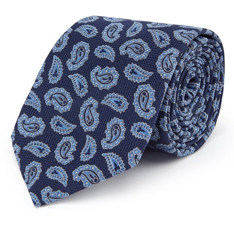 Navy and Blue Paisley Hopsack Woven Silk Tie