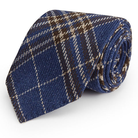Blue And Brown Check Wool Linen Rolled Hem Tie