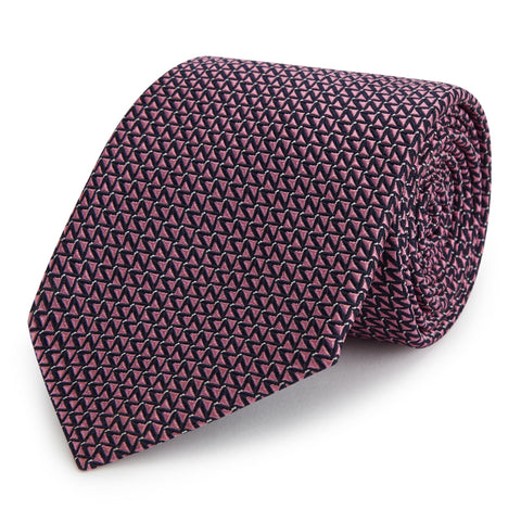 Pink and Navy Triangle Grid Woven Silk Tie