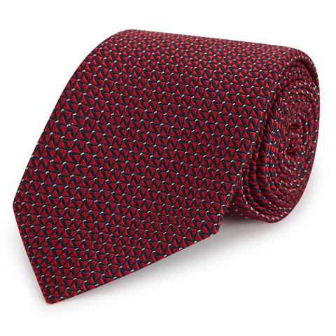 Red and Navy Triangle Grid Woven Silk Tie