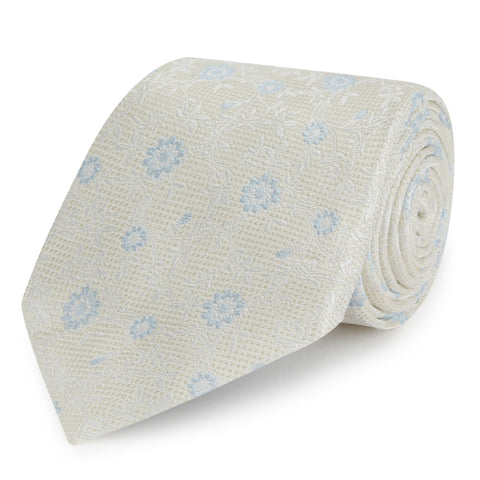 Cream and Blue Climbing Floral Hopsack Silk Tie