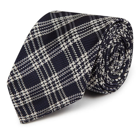Navy and Ivory Check Silk Tie