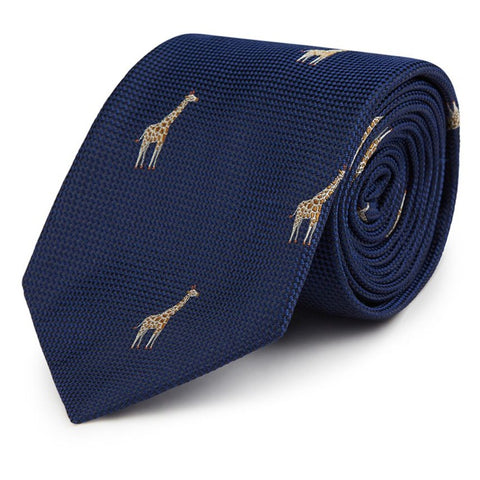 Navy Giraffe Hopsack Woven Silk Tie