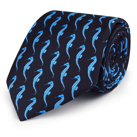 Navy Seahorse Printed Silk Tie