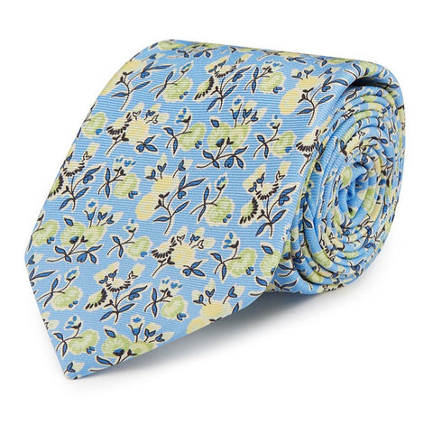 Blue and Yellow Climbing Large Floral Printed Silk Tie