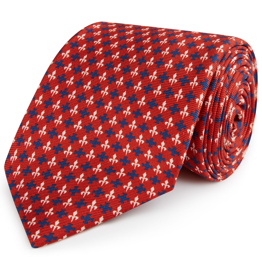 Red and Navy Fleur De Lys Silk Tie