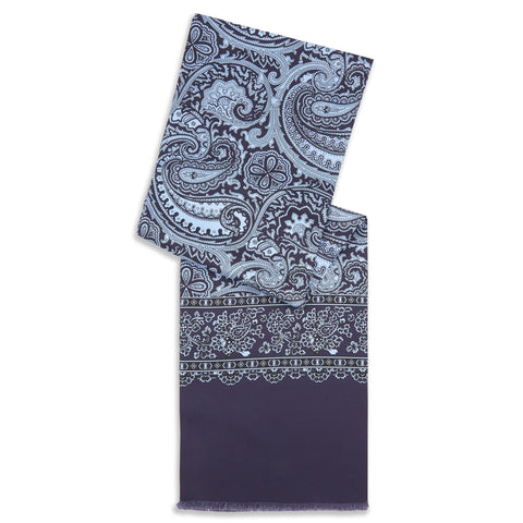 Navy and White Paisley Printed Silk Scarf