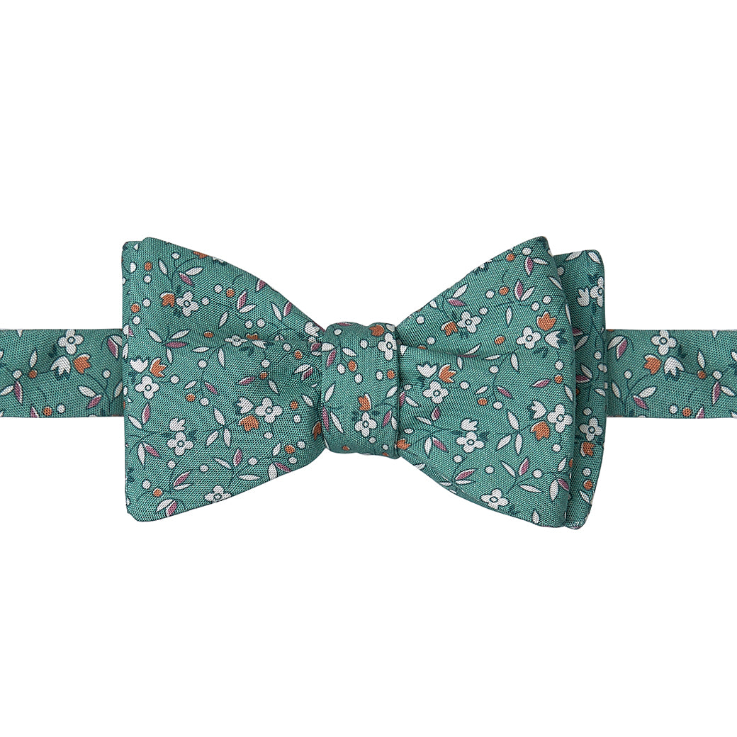 Green and Orange Ditsy Flower Printed Silk Butterly Bow Tie